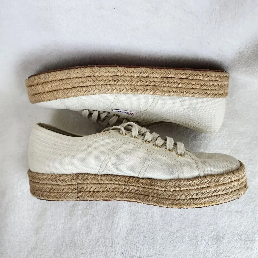 Superga Womens Beige Canvas Espadrille Platform Lace Up Low Top Sneakers Size 10